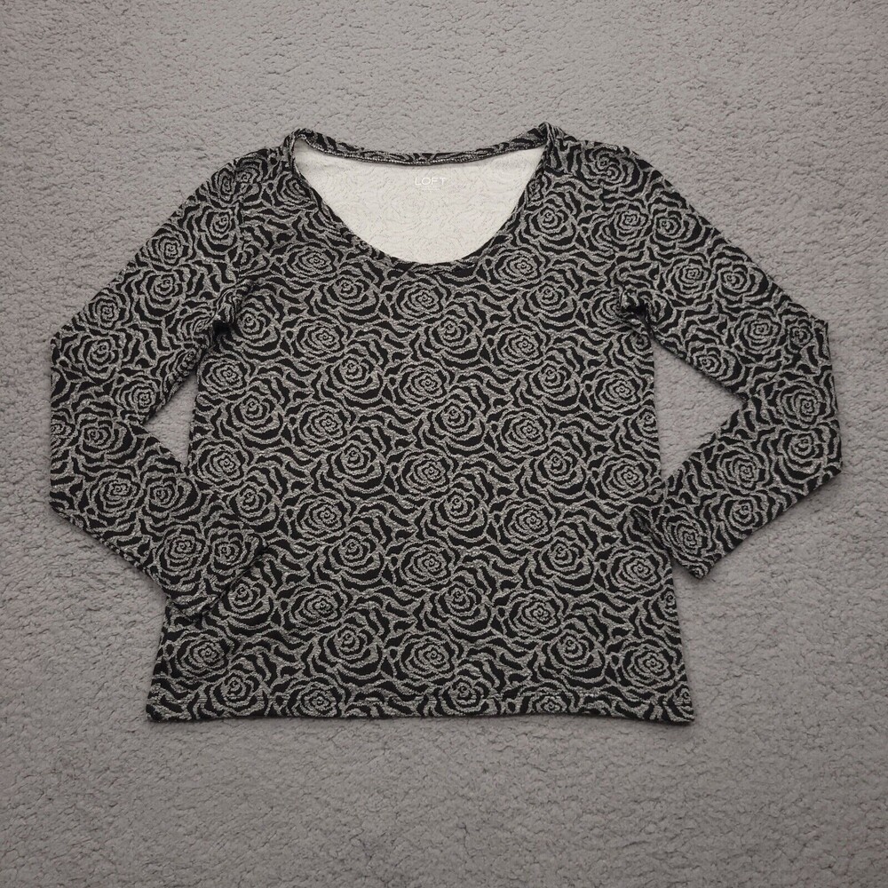Loft Outlet Shirt Women's Small Black Silver Geometric Long Sleeve Round Neck